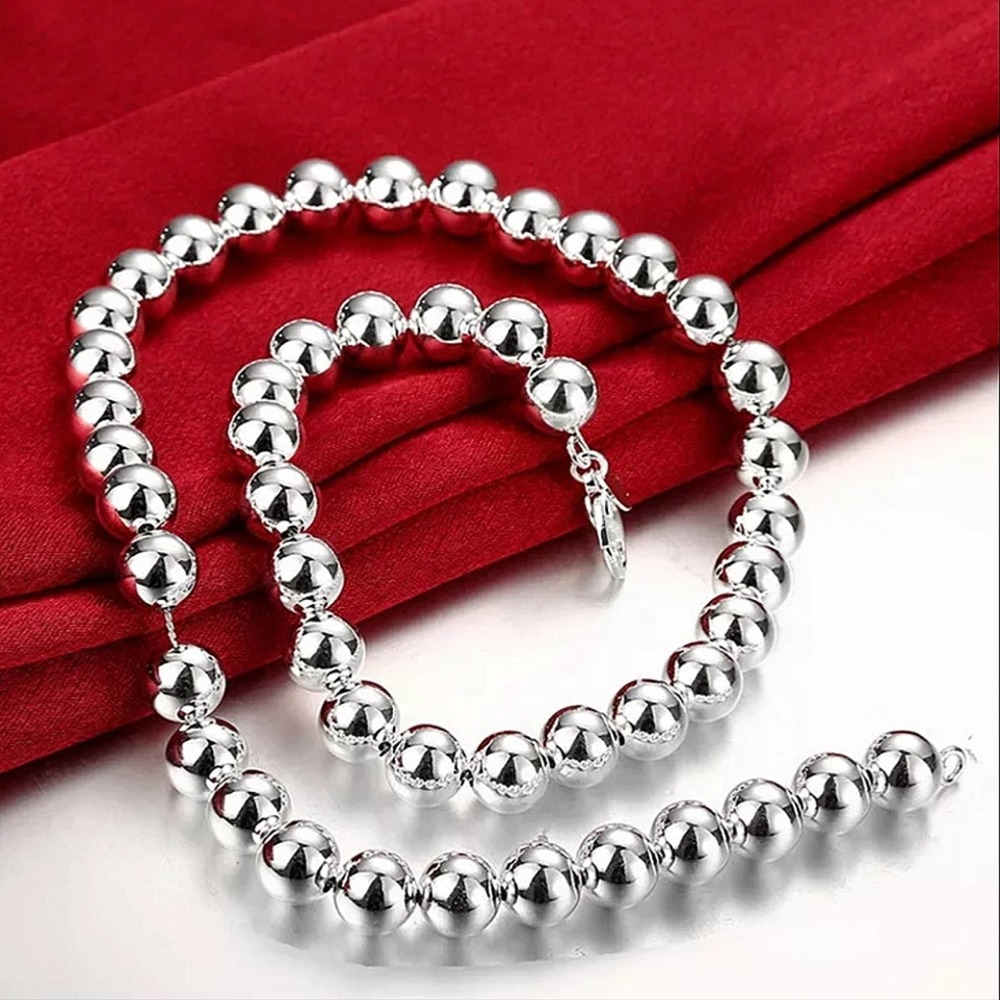 Beaded Ball Sterling Silver Necklace 8mm - Picture 4 of 7